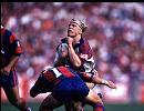 Geoff Toovey is smashed by Robbie O'Davis.