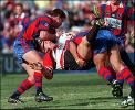 Adam Muir is thumped by his former team-mates.