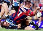 Andrew Johns reaches out and scores! But the video ref didn't think so.