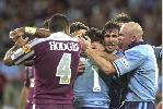 Andrew Johns and Ben Kennedy celebrate the first NSW try ...