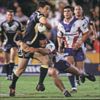 George Carmont makes a flying tackle on Josh Hannay.