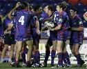 The Knights celebrate one of Trent Salkeld's three tries.