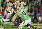 Danny Buderus charges up the middle of the Canberra defence.