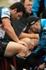 ... and gets his troublesome knee attended to on the sidelines.